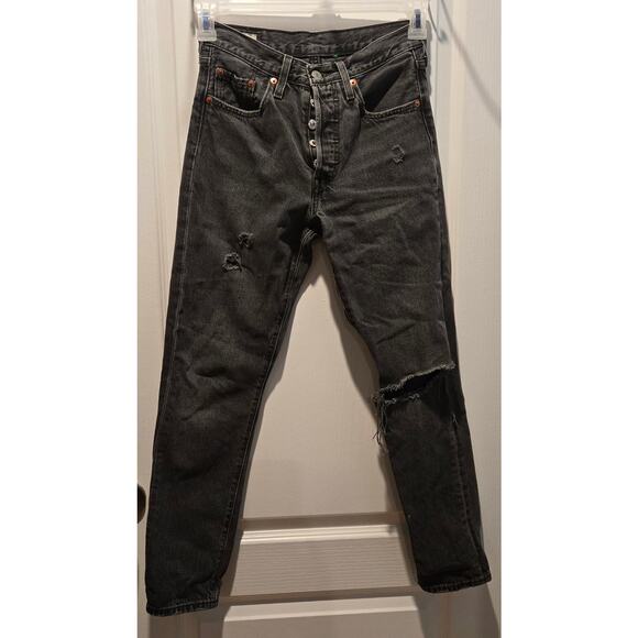 Levis 501 Skinny Jean Black Button Fly distressed Big E 24x28 women - Picture 1 of 10